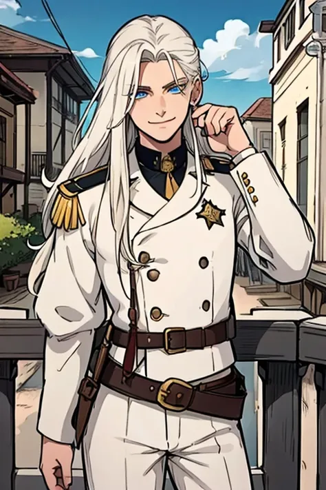 Perfect face. Perfect hands. A young white haired man with blue eyes and long hair in a white sheriffs uniform is leaning on a railing in a wild west town with a big smile.