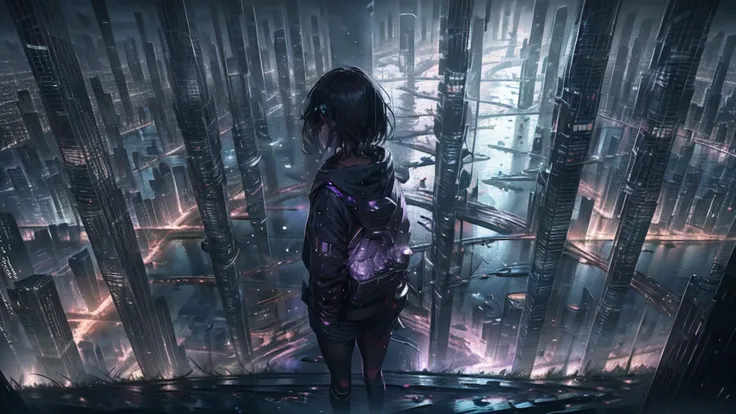 Starry sky with constellations, Purple hue like a nebula, Vast space, The Bottom of Cyberpunk City,