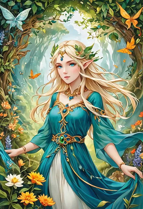 Present an image of a mystical half-elf druid with ethereal white-blonde hair caught in the breeze and enchanting blue-green eyes, symbolizing wisdom and her profound connection with nature. She is adorned in an elegant flowing blue dress and beautiful gol...