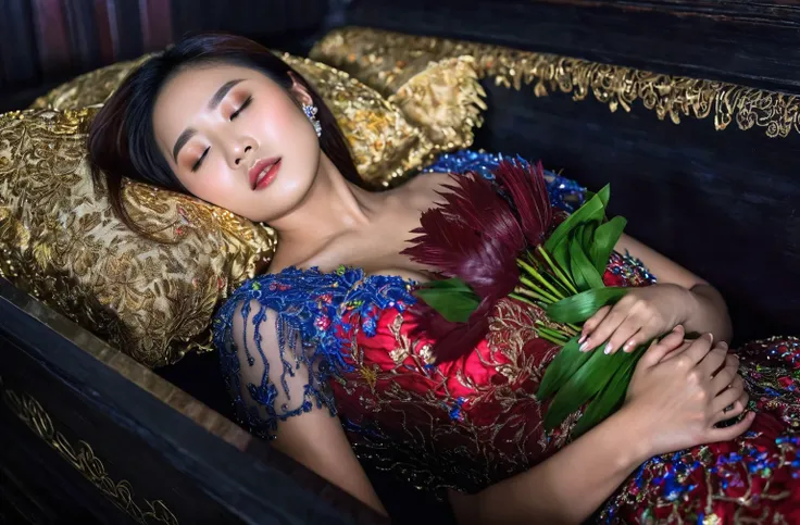 in a striking 8k hdr scene, a stunning korean woman, 22 years old, lies peacefully in a black coffin surrounded by plush pillows...