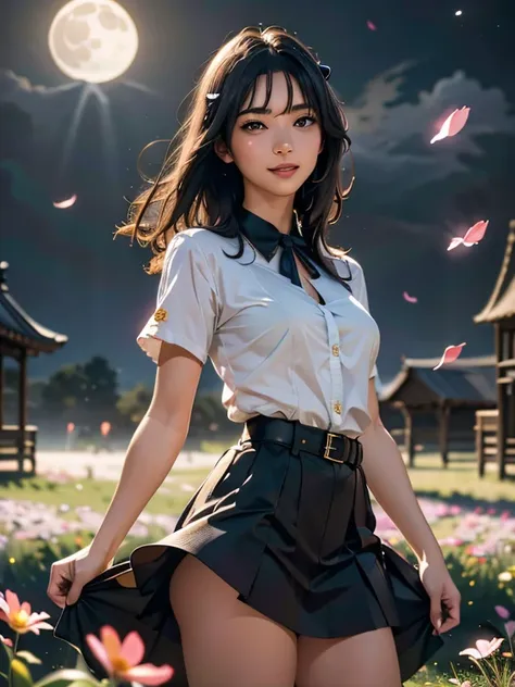 masterpiece, Highest quality, One girl, (colorful),(Beautifully detailed eyes and face),cinematic Lighting,Bust Shot,Highly detailed CG Unity 8k wallpaper,Gray Hair,alone,smile,Complex skirt,((Flying petals)),(Flowery meadow) null, cloudy_null, building, m...