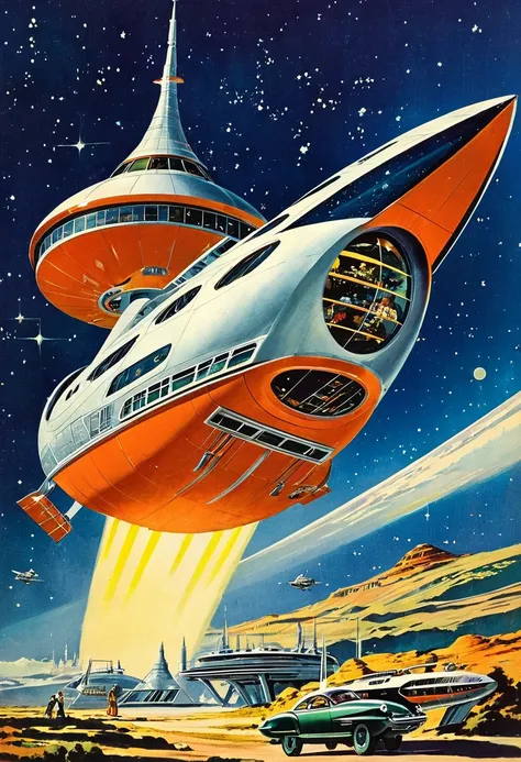 retro futuristic, ((retro futurism)), ((science fiction)), 1950s, (((1960s))), 1970s, (space ship),