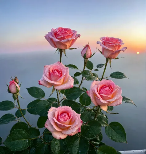 Pink rose buds with many water drops，Background is sunset，Real photography,Fresh and natural picture，best quality, high resolution
