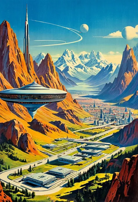 retro futuristic, ((retro futurism)), ((science fiction)), 1950s, (((1960s))), 1970s, (scenery, mountains, city),