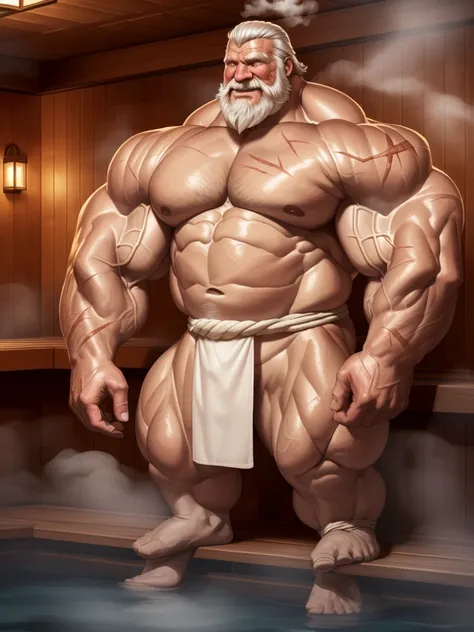 huge muscular old man soaking in an sauna, white and short hair, white beard, old, old man, grandpa, , huge scar on chest, , (huge muscular), steam, detailed muscles, 8k, masterpiece:1.2, hyperrealistic, white fundoshi:1.2, highly detailed full body, ((rea...