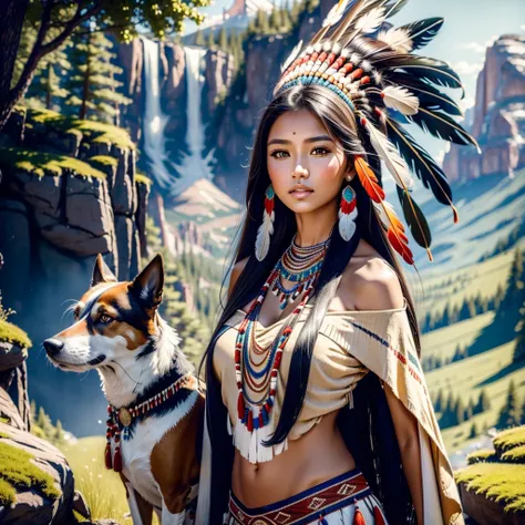 a beautiful native north american woman in sexy native american clothes with her dog, green grass, trees, flowers, mountains, fu...