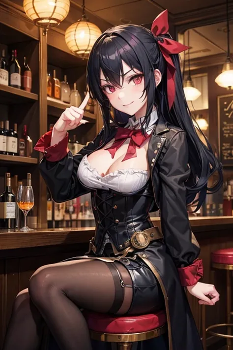 a woman sitting on a stool in a bar, a character portrait, pixiv, gothic art, gothic girl dressed in black, anime boy, [[[[grinning evily]]]], noire photo, smirking deviously, black and red colors, steampunk girl, at a bar, with index finger, !!no glasses,...