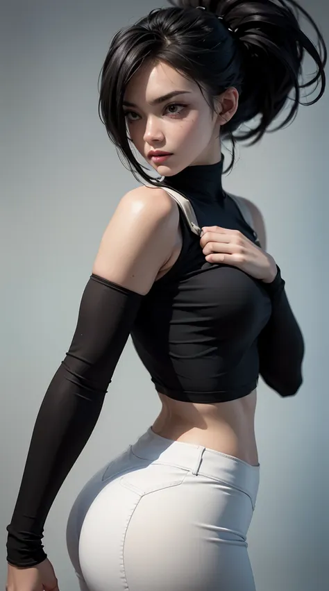 arafed woman in a black top and white pants posing for a picture, thicc, amouranth, smooth translucent white skin, back pose, to...