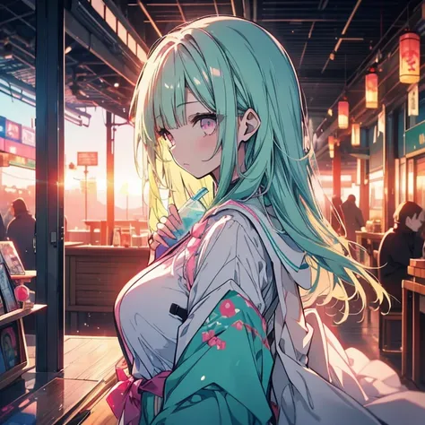 1 girl、Mature、Ample breasts、Long Hair、Mint green hair、Pink Eyes、Sailor suit、Bust-up perspective、Drink ramune、profile、Fleeting、Gentle Sunset、Window、High resolution、Highest quality、Cinema Lighting、