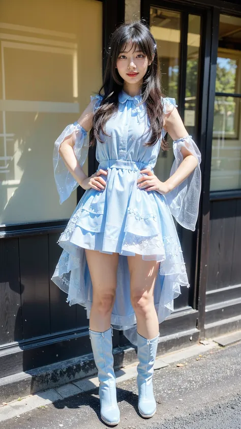 (8k、RAW Photos、Highest quality、masterpiece:1.2)、(Realistic、Realistic)、1 Girl、((See-through dress、light blue、smile、tage、Exposed Skin、whole body、boots、View from the front、Looking at the camera、Stand with hands on hips))、cute