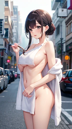 bustling street、naked、bath towel、Showing underboob、naked