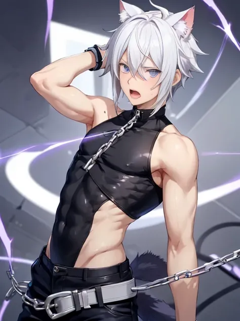 1 young person,alone,18-year-old,male,Shocked facial expression,blush,good looking,White hair Blue eyes,Purple eyes, Cat ear　Side view　Open your legs　Open your mouth and scream　suffer　Sleeveless, wistful expression　Exposure to electricity　Gets done　Thick t...