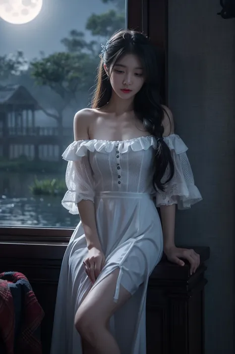  Deep in Wonderland，1girl, Moonlight falls like water，Foggy Room，The heroine&#39;s figure is vaguely visible，Like a fairy in a painting，Slender sexy legs，Very beautiful legs，((Large Breasts，Visible cleavage, E cup))，美丽而又带着一丝mystery的色彩。Her face is beautiful...