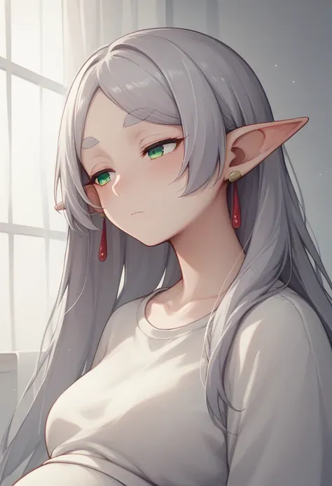 Nereil、
Freezing、Medium Bust、nude、Pointy Ears, Long Hair, jewelry, Green Eyes, Earrings, clavicle, Mouth closed, Thick eyebrows, Gray Hair、Expressionless、blush、Half-closed eyes、Bedroom、Pregnant women、Huge pregnant womans belly:2