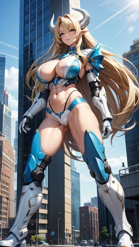 Adult woman with long blond hair and huge breasts，double horns，Blue and white sci-fi armor，muscle，Abdominal muscles，briefs，Bare Legs，iron boots，City