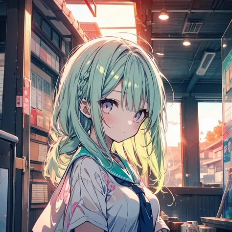 1 girl、Mature、Ample breasts、Long Hair、Mint green hair、Pink Eyes、Sailor suit、Short sleeve、Bust-up perspective、Drink ramune、Look to the side、Fleeting、Gentle Sunset、Shower、Window、High resolution、Highest quality、