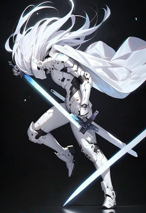 1 boy, alone, profile, plain background, white armor, white glowing eyes, full body, light armor, white hair, cyberpunk, sword pointing at the ground, white cape, holding a sword stuck in the ground, sword with white and black engravings, black background,...