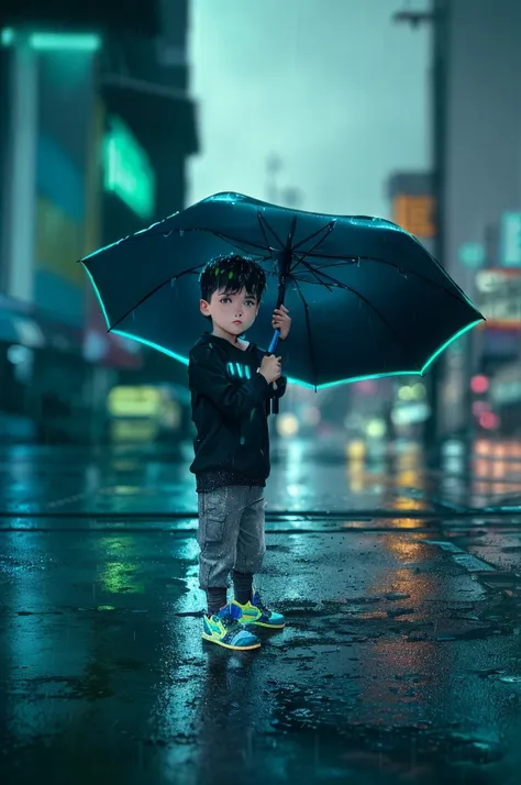 a young boy holding an umbrella on a rainy day, neon rainy cyberpunk setting, at night during rain, raining portrait, it is rain...