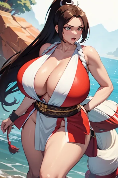 mai shiranui, One girl, alone, shiranui mai, chest, Brown Hair, 手fan, ponytail, Pelvic Curtain, Long Hair, fan, Brown eyes, chestの谷間, Japanese clothing with visible nipples, Revealing clothing, (gigantic chest:1.6), rope, Open your mouth, Side bust