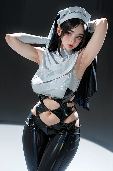 1girl,solo,medium breasts,(thigh gap:1.2),(cowboy shot:1.2),ruanyi020,squatting cowgirl position,black bodysuit,bdsm,nun,capelet,(white hair),, (masterpiece, best quality, hires, high resolution:1.2), (extremely detailed, realistic, intricate details, high...