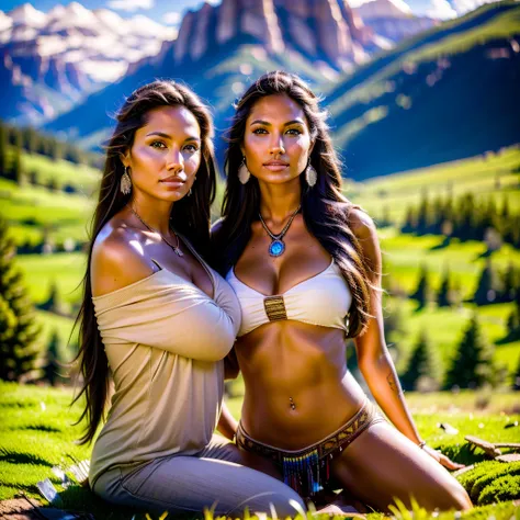 a beautiful native north american woman in sexy native American clothes with her dog, green grass, trees, flowers, mountains, full-lenght, high detailed, realistic full-lenght photo ((best quality)), ((masterpiece)), detailed soft oil painting, detailed ba...