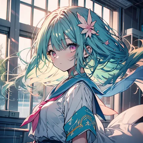 1 girl、Mature、Ample breasts、Long Hair、Mint green hair、Pink Eyes、Sailor suit、白と紺のSailor suit、Short sleeve、Bust-up perspective、The curtains flutter、Hair blowing in the wind、Look to the side、Fleeting、Gentle Sunset、rain、classroom、Window、High resolution、Highest...