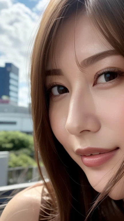 Beautiful Japanese actresses,Award-winning photo, Very detailed, Close your eyes, Nose and mouth,Face Focus, Extreme close up of face、 Age 35,Symmetrical face,Realistic nostrils、Angle from below、Elongated C-shaped nostrils NSFW,(Sharp Nose)Sweaty skin、Glow...