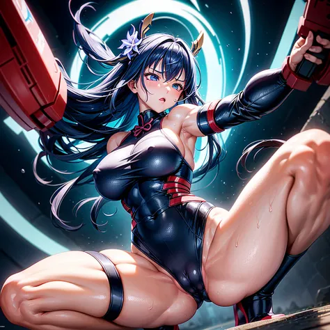 one girl, Raiden Genshin Impact , inflated, pumped up arms, pumped up legs, pumped up abs, very large breasts, very big ass,very protruding vagina, wet vagina, Very excited,wants sex very much, reddened,Severe embarrassment, in an open  , visibly life , Sq...