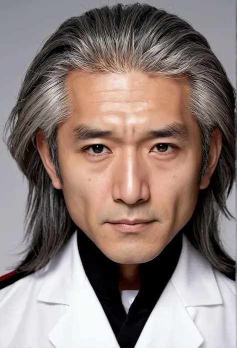 long-haired gray-haired、juvenile, (Upside-down portrait:1.2), Close-up face, Gakuran black stand-up collar jacket, White shirt, Detailed hair, Sharp focus, Studio Lighting