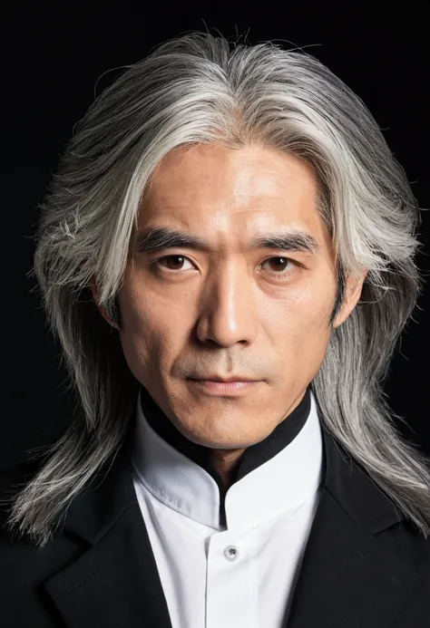 long-haired gray-haired、juvenile, (Upside-down portrait:1.2), Close-up face, Gakuran black stand-up collar jacket, White shirt, Detailed hair, Sharp focus, Studio Lighting