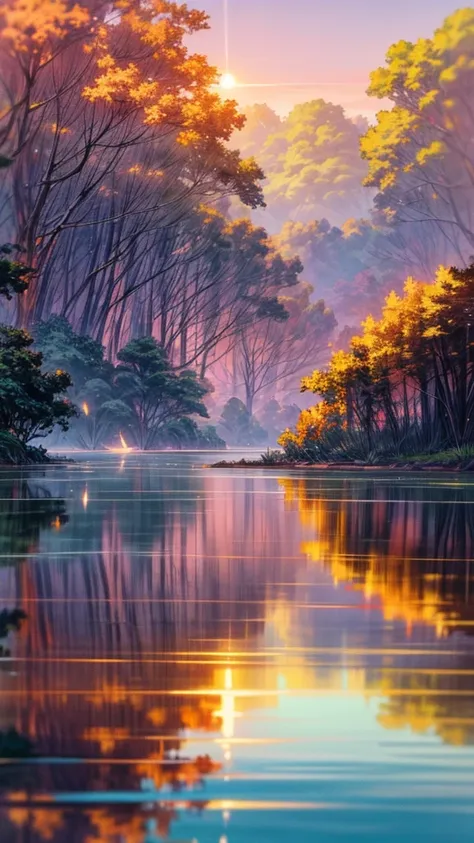 Create an anime-style scene of a tranquil lakeside at sunset. The sky is a stunning gradient of orange, pink, and purple, with the warm colors reflecting beautifully on the waters surface. The setting sun casts a gentle glow over the landscape. Birds, draw...