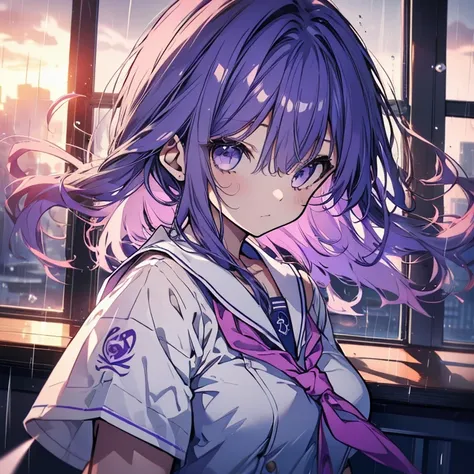 1 girl、Mature、Ample breasts、Long Hair、Purple Hair、Sailor suit、白と紺のSailor suit、Short sleeve、Bust-up perspective、The curtains flutter、Hair blowing in the wind、Look to the side、Fleeting、Gentle Sunset、rain、classroom、Window、High resolution、Highest quality、