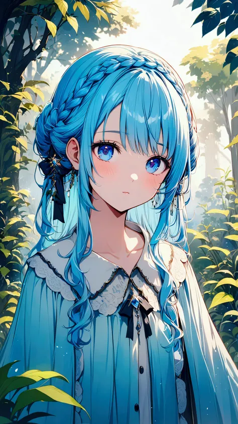 (((Beautiful girl artwork))),Crown braid,(((Her hair color is light blue.)))、Looks about 15 years old、