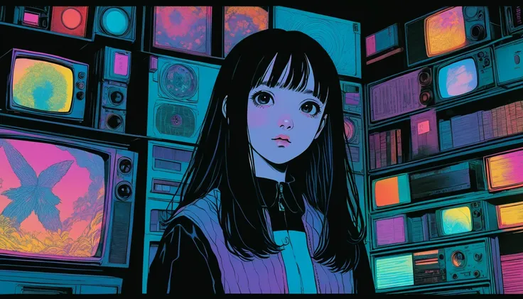 An illustration、art、Supervised by Junji Ito、anxietyの立像、nightmare、anxiety、double image、Attention to detail, Realistic shadows、Analog Style, VHS style, 8mm film, chromatic aberration, DVD Screen Grab、Complementary Gradient、Surrealism、shrine、Japanese style