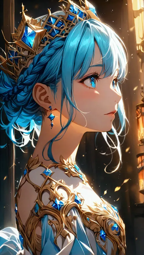 (((Beautiful girl artwork))),Crown braid,(((Her hair color is light blue.)))、Looks about 15 years old、