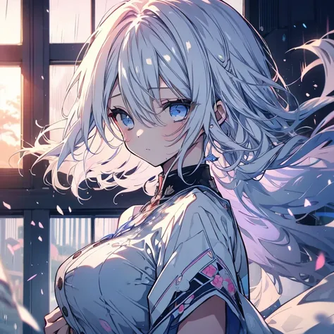 1 girl、Mature、Ample breasts、Long Hair、White Hair、Blue Eyeaid clothes、Short sleeve、Bust-up perspective、The curtains flutter、Hair blowing in the wind、Look to the side、Fleeting、Gentle Sunset、rain、Window、High resolution、Highest quality、