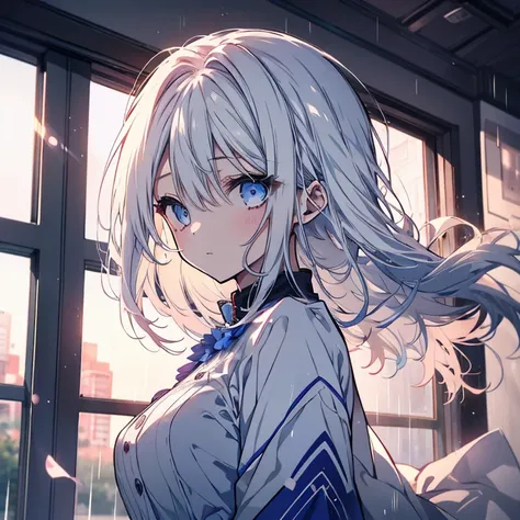 1 girl、Mature、Ample breasts、Long Hair、White Hair、Blue Eyeaid clothes、Short sleeve、Bust-up perspective、The curtains flutter、Hair blowing in the wind、Look to the side、Fleeting、Gentle Sunset、rain、Window、High resolution、Highest quality、