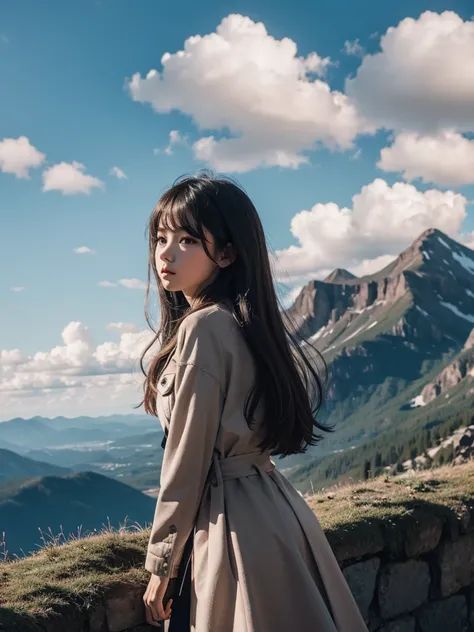 Girl against the background of a mountain