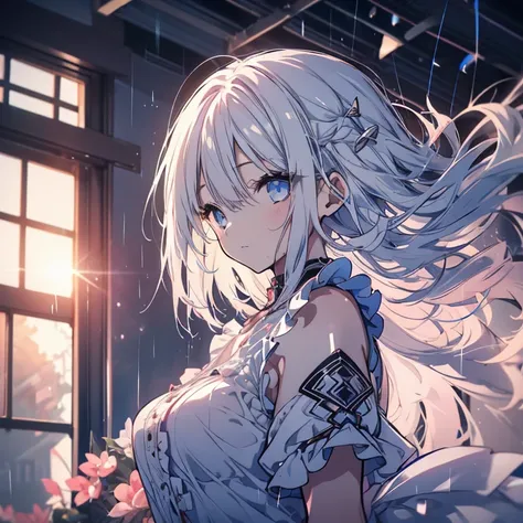 1 girl、Mature、Ample breasts、Long Hair、White Hair、Blue Eyeaid clothes、Shoulder Bare、Frills、Short sleeve、Bust-up perspective、The curtains flutter、Hair blowing in the wind、Look to the side、Fleeting、Gentle Sunset、rain、Window、High resolution、Highest quality、