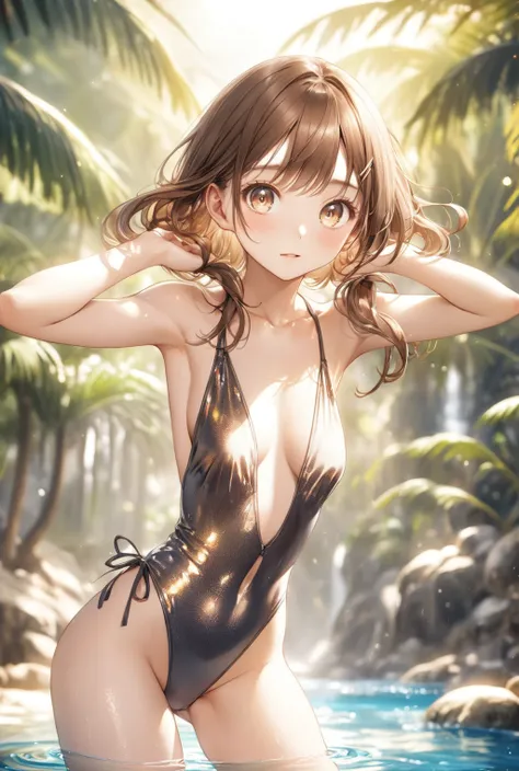 (Highest quality, 8k, 32K, masterpiece, Ultra-high resolution,:1.2),born, One girl,Super cute , Natural light,透明にShining Eyes, 20-year-old ,Fair skin, Brown Haired Girl, Wearing a swimsuit, Sexy pose,Fantasy Background, clear, Shining Eyes,