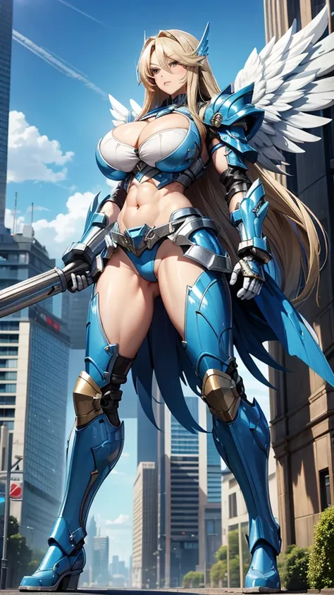 Adult woman with long blond hair and huge breasts，Blue and white science fiction armor，Steel wings，cleavage，muscle，Abdominal muscles，Bare waist，briefs，Bare Legs，iron boots，Giant cannon，City