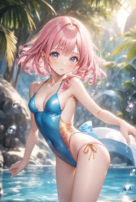 (Highest quality, 8k, 32K, masterpiece, Ultra-high resolution,:1.2),born, One girl,Super cute , Natural light,透明にShining Eyes, 20-year-old ,Fair skin, Girl with pink hair, Wearing a swimsuit, Sexy pose,Fantasy Background, clear, Shining Eyes,