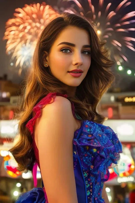 a girl in a vibrant italian festival, colorful dress, fireworks in the background, detailed face, beautiful eyes and lips, extre...