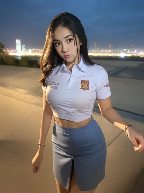 1girl, (uniform), standing, outdoors, night view, detailed metropolitan city at the background, (overhead view:1.35), (zoom out:...