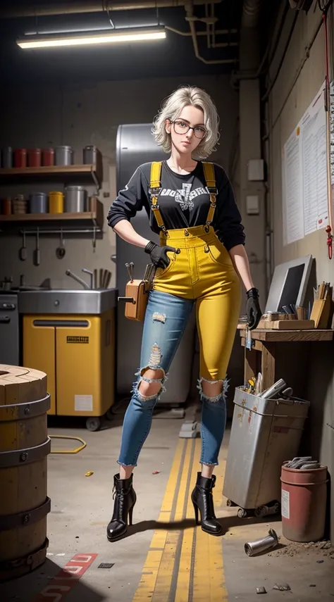 Masterpiece, high quality, super detailed, illustration, a pretty girl, shiny, reflective, jeans, yellow overalls, body, work shoes, industrial, high heels, black, red, silver, metallic, gloves, goggles, equipment, machinery, tools, sparks, pipes, instrume...