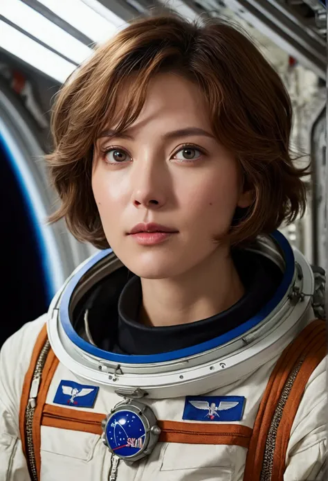 Ultra-high resolution、(Genuine:1.4)、One beautiful woman、Beautifully detailed eyes and skin、Light brown short hair、Full Space Suit、Space Station、Spaceship、What&#39;s left behind、cloudy、SF taste、Movie quality、dramatic、dramaticな構成、