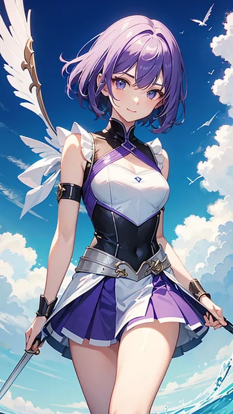 Swordsman　Armor on chest, arms and waist　Purple short hair　A short, fluttery white and blue miniskirt　Sleeveless white and blue outfit　17 years old　sword on waist　Neat and beautiful　smile　