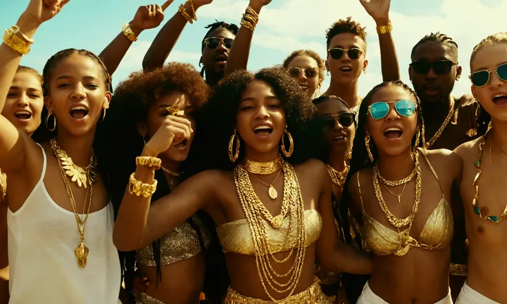 beach party, rap ghetto vibe, group of young girls and boys wearing gold jewelry cheering , 4k realistic, cinematic scene, wide shot