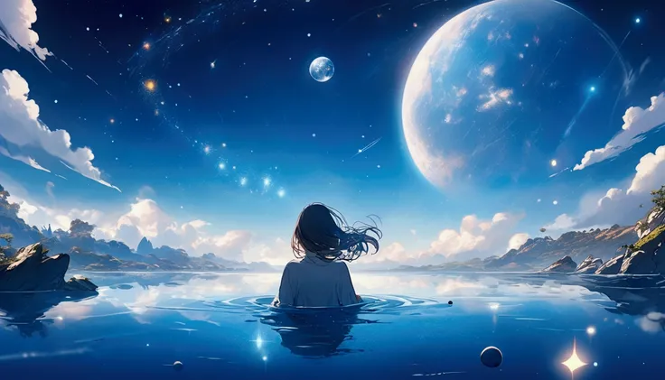 Rear view, with their face not visible.Woman floating in the water.  Fantastic sky. crystal clear skies.Floating stars and planets.Fantastic blue. High quality down to the smallest detail. fantastic landscape . People are far away