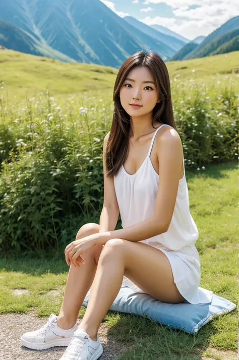 [Realistic style][close-up shot][Japanese woman sitting on grass][sunny outdoor setting][casual summer outfit][white crop top][plaid shorts][white shoes][long hair flowing][hands behind head][relaxed and confident pose][pale, full thighs close-up][natural ...